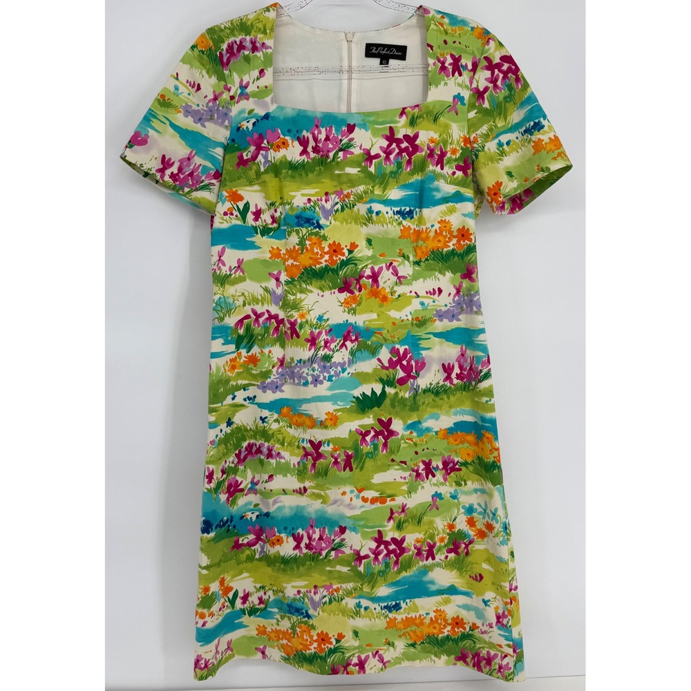 The Perfect Dress Floral Sheath Dress Green Pink Square Neck Cotton Sz 10